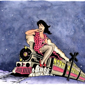 Papas Train album cover illustration, ink and watercolour, 2012