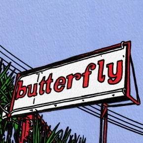 Butterfly neon signage - Palma Nova, ink and gouache, 2000