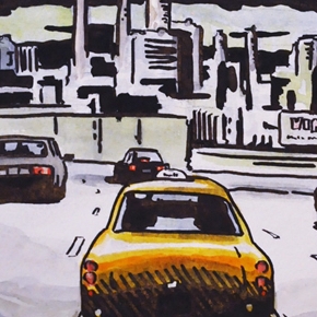 New York approach, ink and watercolour, 2001