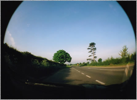 Empty country road from the drivers seat.